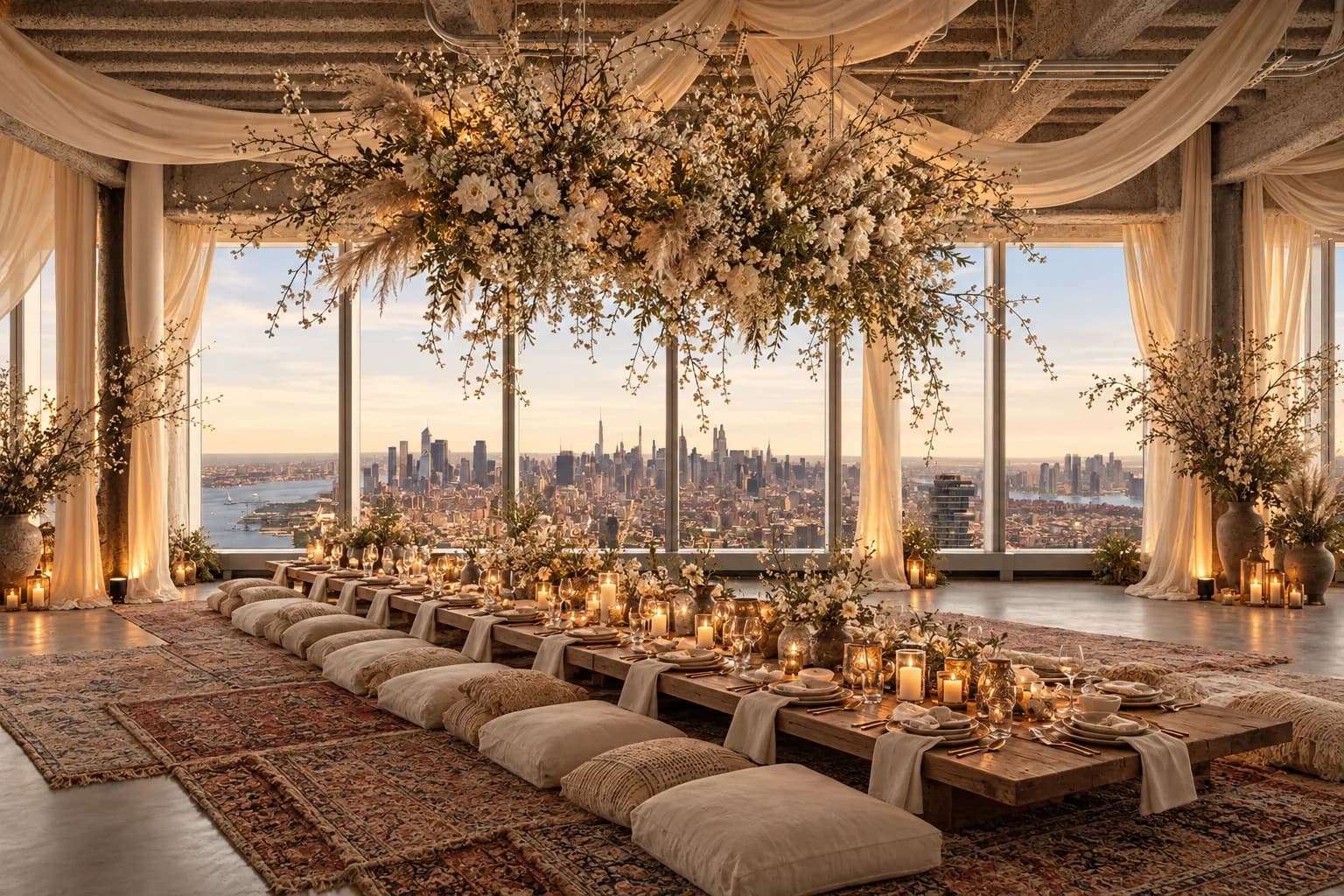 the 73rd floor of one world trade center, set for the evening: one long low table, cushions, flowers overhead, and the skyline through the glass
